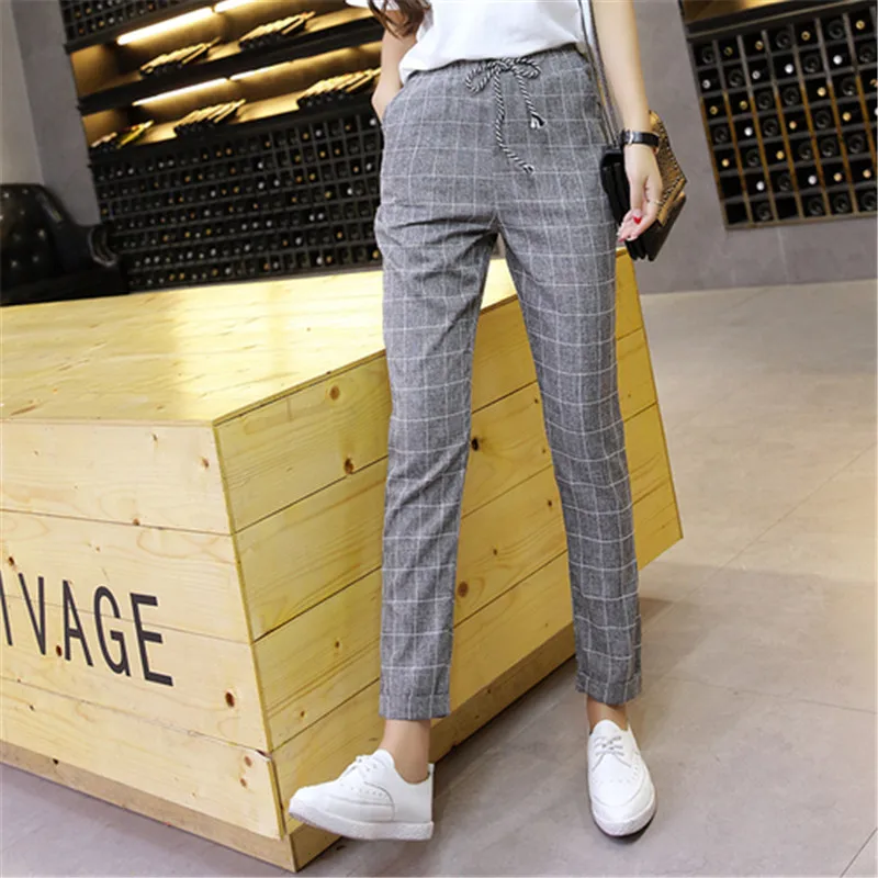 Kopen Plaid Harembroek Broek 2018 Nieuwe Lente Zomer Losse Ongedwongen Trekkoord Elastische Taille Broek Katoen Linnen Broek dropshipping