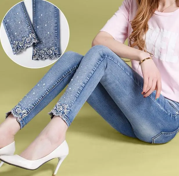 Новинка весна осень женские кружевные Стразы джинсы джинсовые брюки-карандаши эластичные джинсовые штаны A102