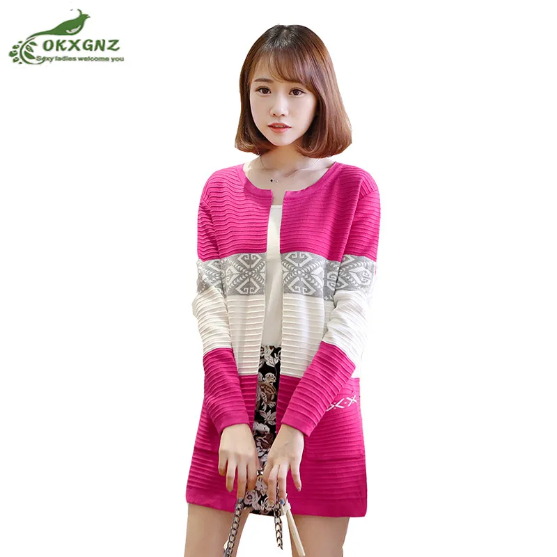 

High quality Spring new color mixed-color sweaters Cardigan loose long-sleeved shawl medium long coat Women's clothing OKXGNZ