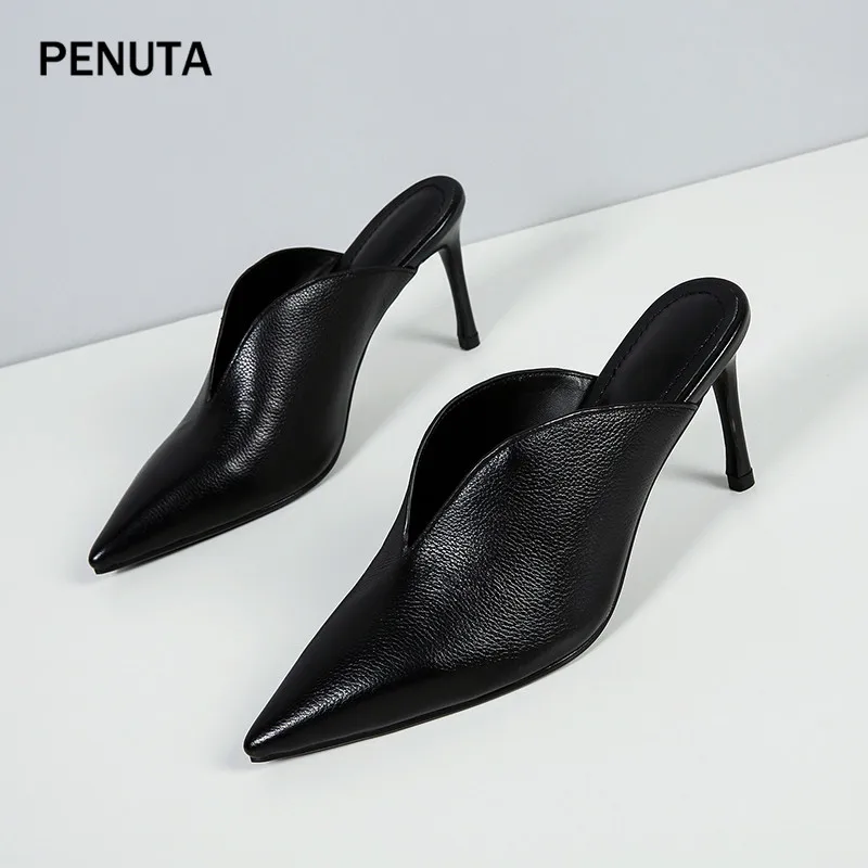 Г. PENUTA модные дамские шлепанцы на высоком каблуке Мокасины из натуральной кожи европейского размера плюс женские туфли без задника с острым носком PT906
