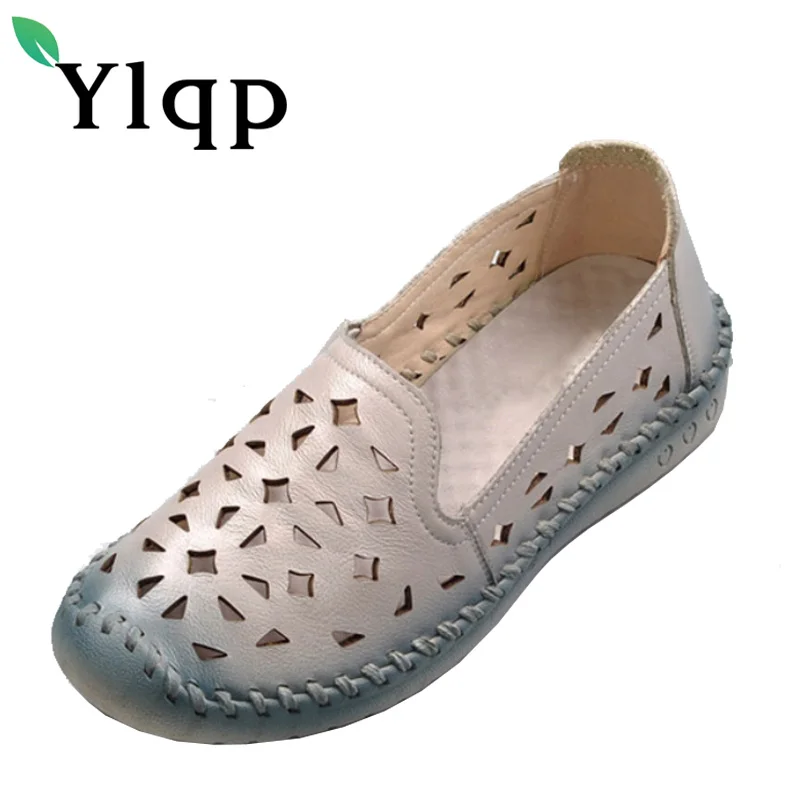 

Ylqp 2017 Summer Genuine Leather Breathable Soft Bottom Mother Shoes for Women Big Plus Size Hollow Out Flat Shoes Zapatos Mujer