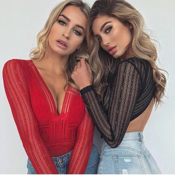 

Fashion Solid Wearing Lace Perspective Deep V Backless Patchwork Stitching Sexy Bodysuit Long Sleeve Sexy Lingerie Corset