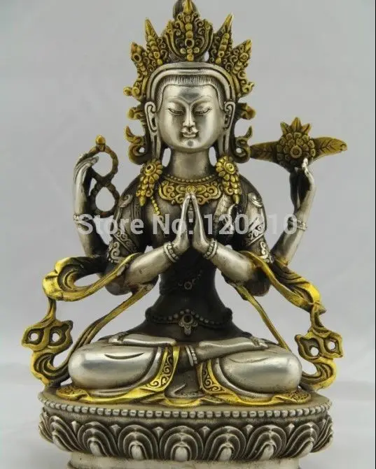 

Tibet Tibetan Buddhism Silver Bodhisattva Four arm Kwan Yin Buddha Statue