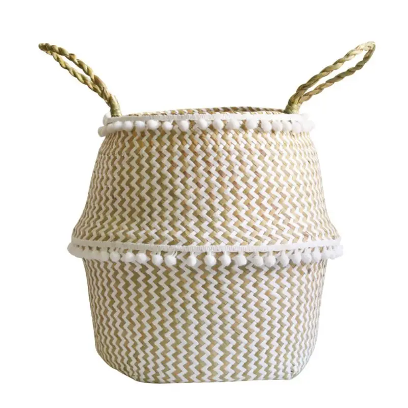 

Foldable Handmade Folding Wicker Grass Weaving White Pattern with Small Plush Balls Flower Storage Basket for Storing Cosmetics