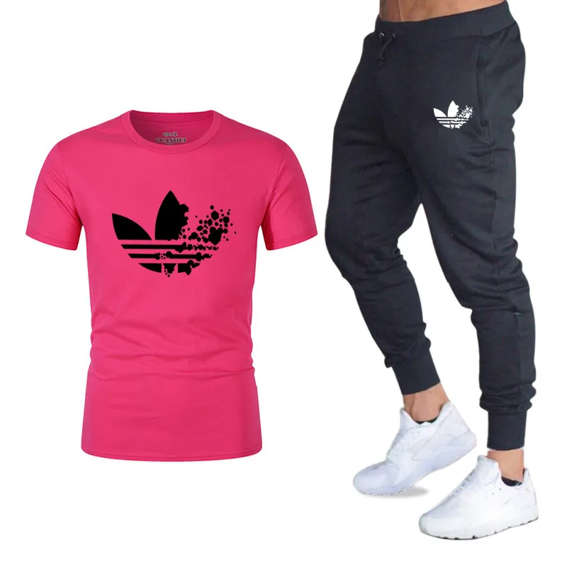 High quality men set Pants+T Shirts Sets Casual Elastic Mens Fitness Workout Pants Skinny Sweatpants Trousers Jogger Pants