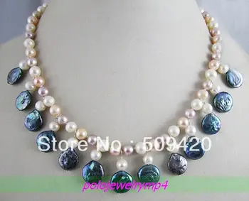 

Free ShippingWhite pink purple &black 11-13mm coin pearl necklace 18"