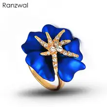Ranzwal, модное женское золотое кольцо, спрей, краска, синий, красный цветок, кольцо, стразы, ювелирные изделия, размер США 6~ 9