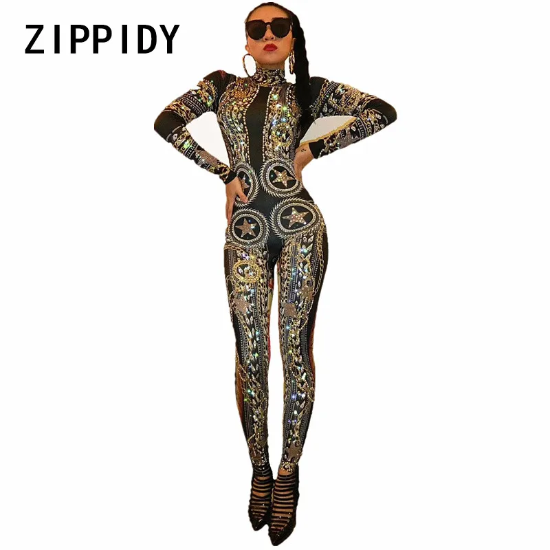 

Glisten Rhinestones Pattern Printed Jumpsuit Women's Sexy Stretch Unique Bodysuit Costume Female Singer Dance Stage Wear