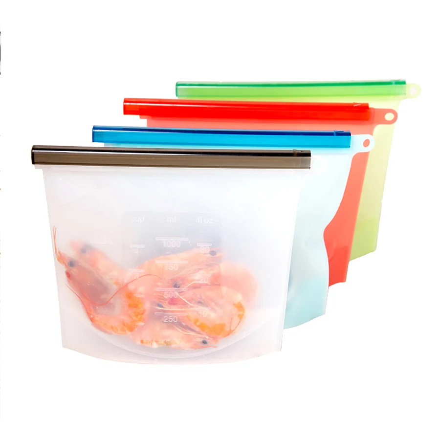 4 шт. 1000 мл многоразовая силиконовая пищевая сумка для хранения вакуумный контейнер кухонный пищевой герметизирующий пакет холодильник свежие силиконовые пакеты для еды - Цвет: 4 color set