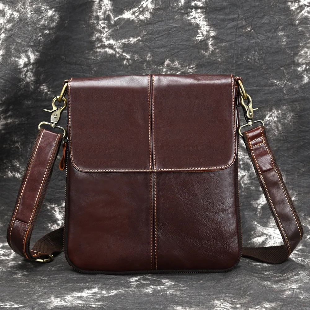 Mens Genuine Leather Messenger Bag Vintage Shoulder Bag Oil wax Cowhide Leather Crossbody Bag Handbag Briefcase Coffee
