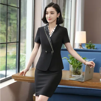 

Summer Fashion 2 Piece Tops And Skirt Uniform Styles Professional Blazers For Ladies Office Career Interview Job Work Wear Sets