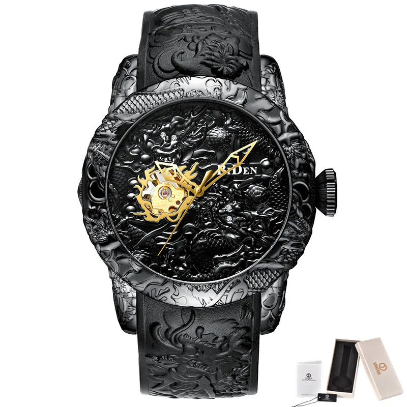Роскошные черные автоматические механические мужские часы с 3D гравировкой в виде дракона, водонепроницаемые спортивные мужские наручные часы с автоматическим заводом, мужские часы - Цвет: Black With Box