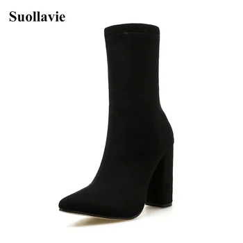 

Women's shoes winter new thick with high-heeled boots pointed shoes women's boots pointed toe elastic and ankle boots