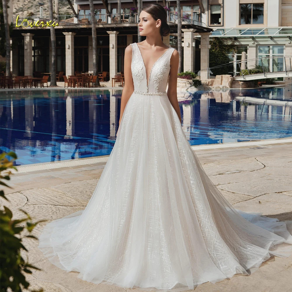 Loverxu Vestido De Noiva Сексуальная спинки кружево Свадебные платья 2019 элегантный V средства ухода за кожей шеи аппликации бисером суд Поезд линия