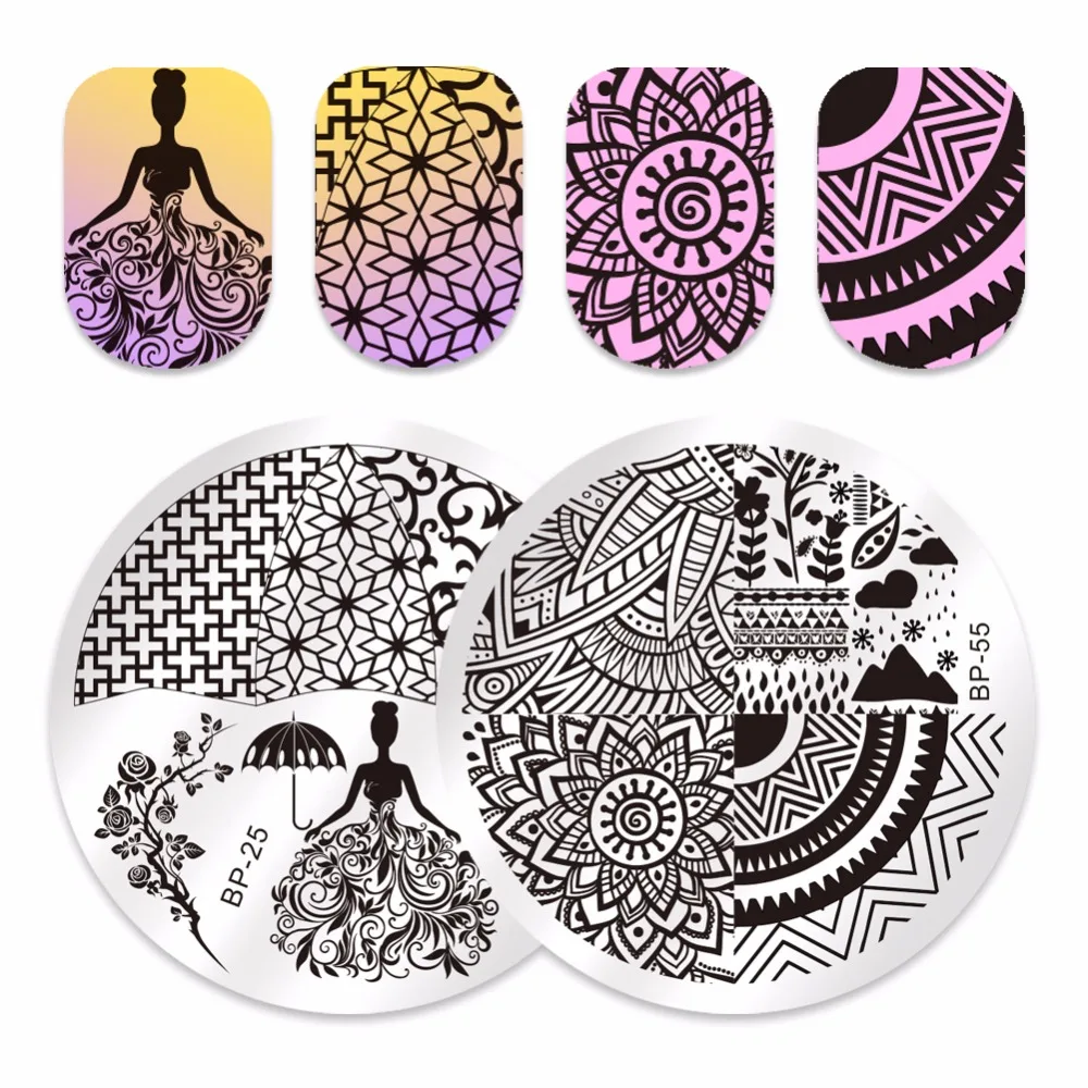 

2Pcs/set BORN PRETTY Round Nail Stamping Plate Panda Dandelion Wedding Dress Geometrical Line Nail Art Template Script Image