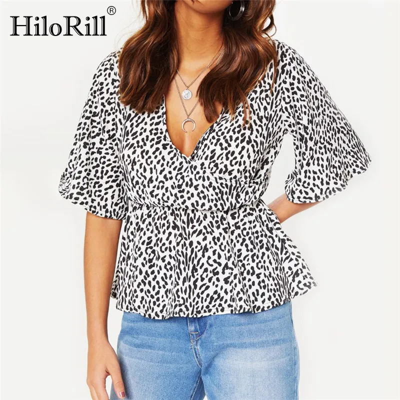 

Deep V-Neck Summer Chiffon Blouse Women Wrap Sexy Leopard Blouse Half Flare Sleeve Casual Shirt Loose Plus Size Tops Blusas 3XL