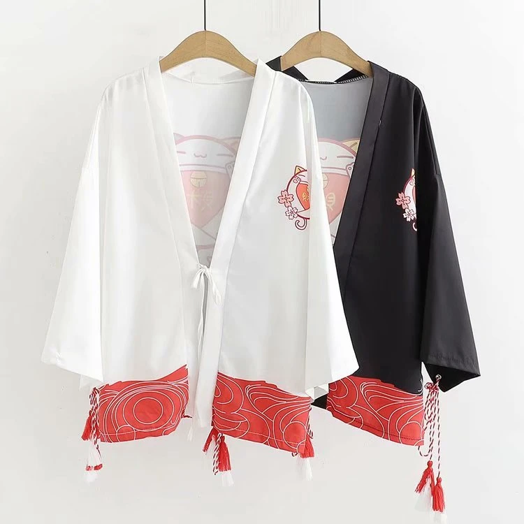 

Cute Japanese Vintage Style Kimono Yukata Shirt Lucky Cat Chiffon Blouse