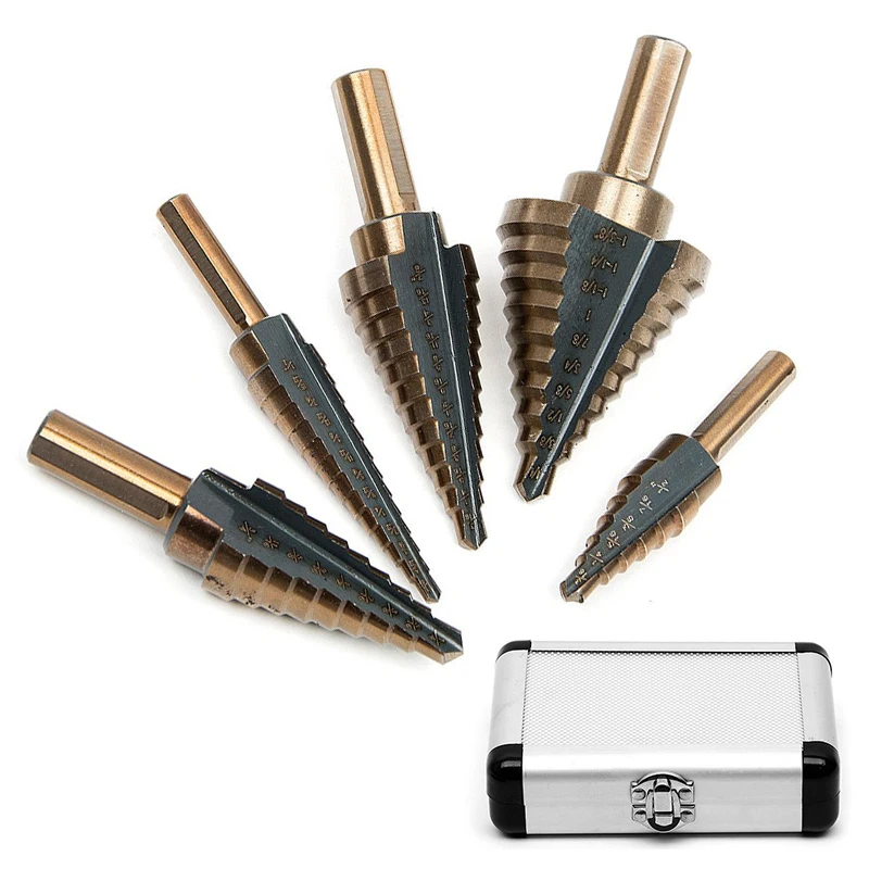 

Stepped Drill Classic Metric Titanium Coated Step Drill Bit Set HSS High Precision Automatic Center Punch 5 Piece Set 50 Sizes