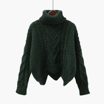 Утолщенный женский свитер осень зима топы корейский стиль свободный твист вязаный короткий дизайн пуловер Водолазка Черный Коричневый Женский - Цвет: Dark green