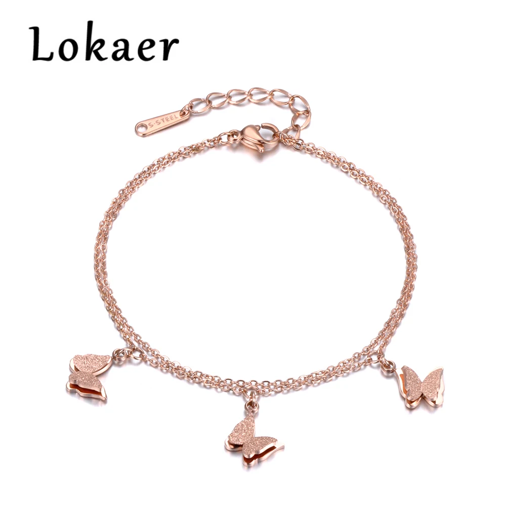 

Lokaer Trendy Jewelry Rose Gold Color 2 Layers Stainless Steel Bracelet 3 Butterfly Charms Link Chain B18181