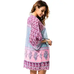 Шифоновая тонкая женская блузка с цветочным принтом Пляжная накидка женские Топы Boho открытая стежка длинный хлопок Blusa розовый фиолетовый