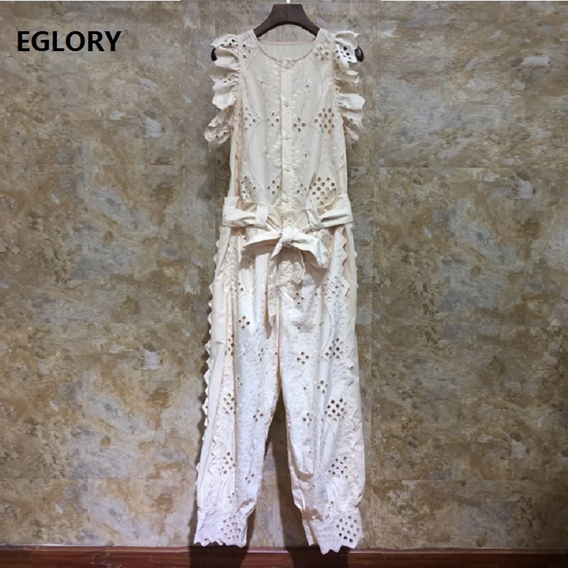 

High Quality Jumpsuits 2019 Summer Fashion Rompers Women O-Neck Hollow Out Embroidery Tunic Buttons Vintage Pant Overalls Ladies
