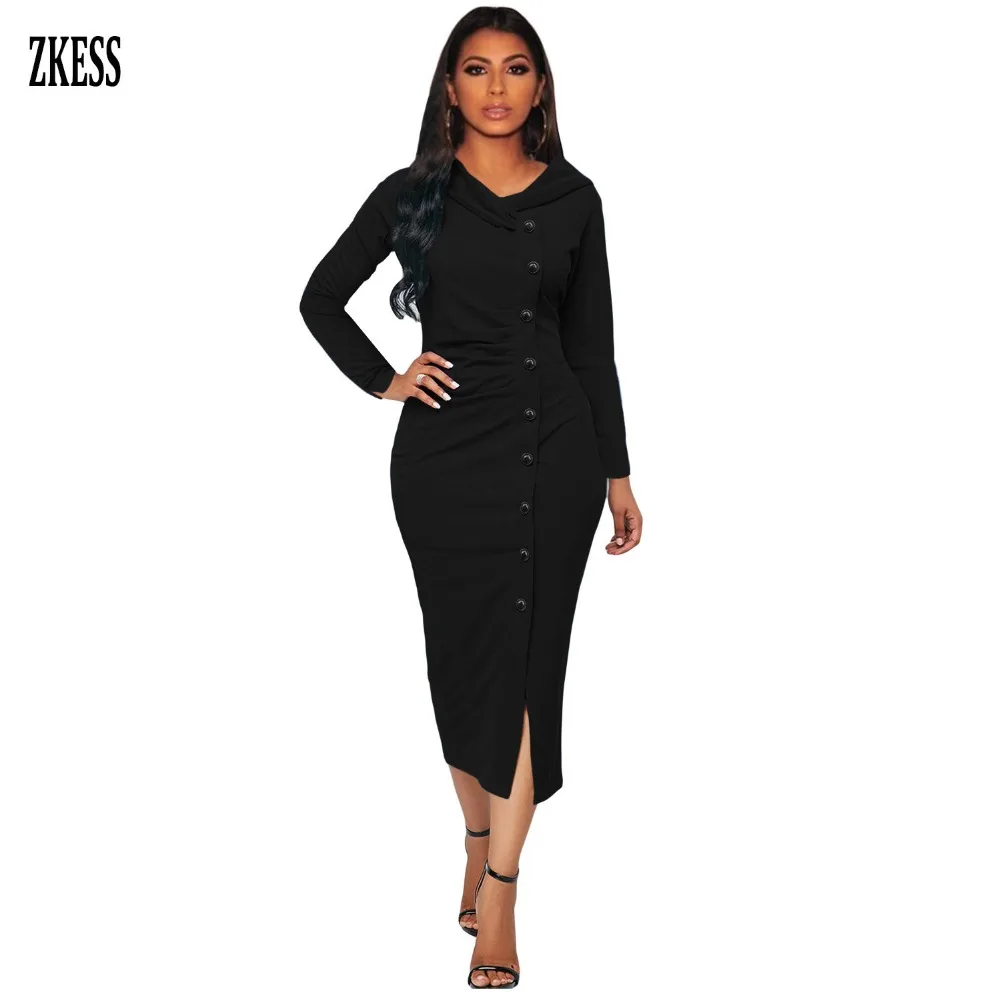 Zkess Women Black Button Up Front Slit Midi Dress Spring Fashion Long Sleeves Turn Down Collar