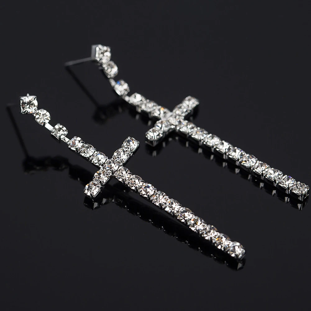 Pendientes largos con forma de cruz de cristal para mujer, aretes