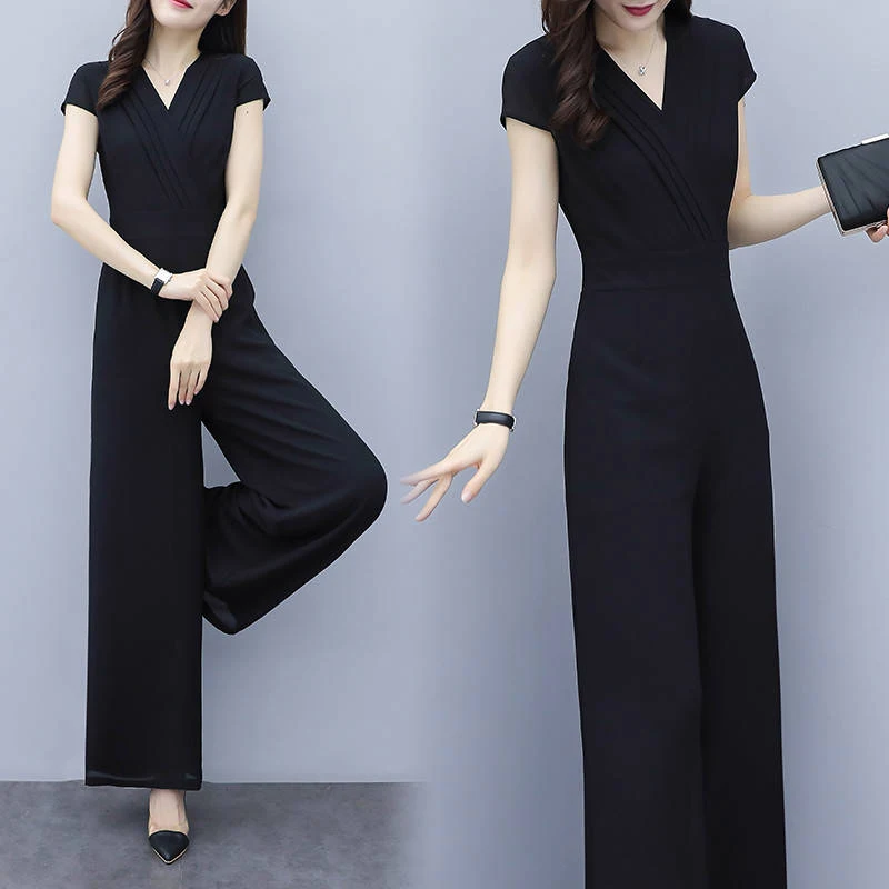 

2019 New slim temperament chiffon short-sleeved high waist jumpsuit wide-leg pants jumpsuit