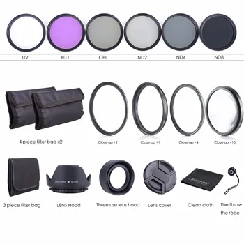 

55MM Lens Filter Kit - Macro Close Up Set & UV CPL FLD with Pouch & Rubber Lens Hoods / Cleaning Cloth set for Nikon Canon