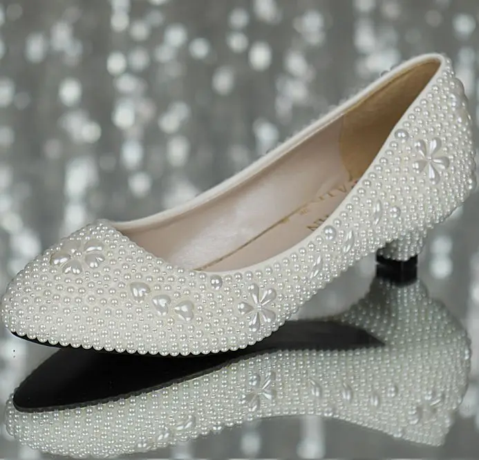 

3CM small heel wedding shoes for women, white sexy luxury full pearls bridal pumps shoe point toe, PR516 dress party pumps