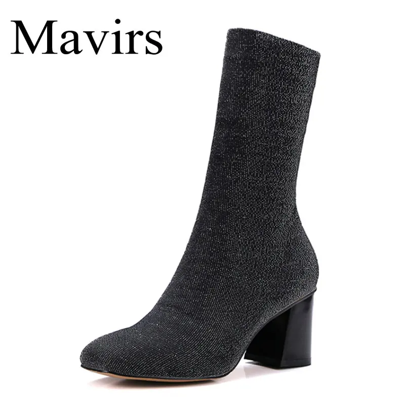 Buy Mavirs Brand Black Sock Boots Chunky High Heels