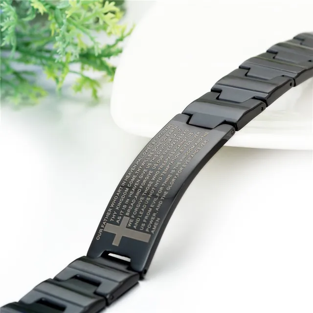 Black Stainless Steel Jesus Cross Bracelet for Men with Lord's Prayer - Image 2