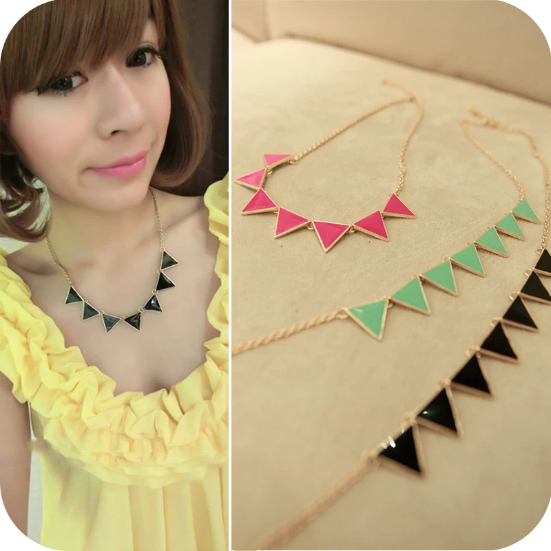 

free shipping new fashion accessories neon color geometry triangle Hot short necklace gold enamel women gold trendy triangle OUM