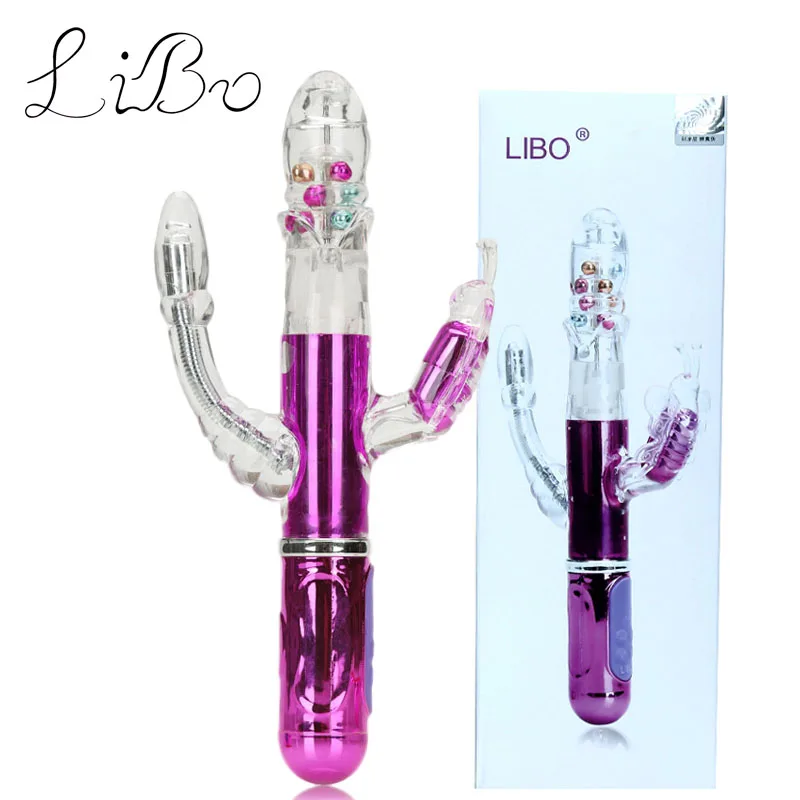 LIBO Telescopic Vibrator Big font b Dildo b font Three fork Rotating Bead Sex Toys For