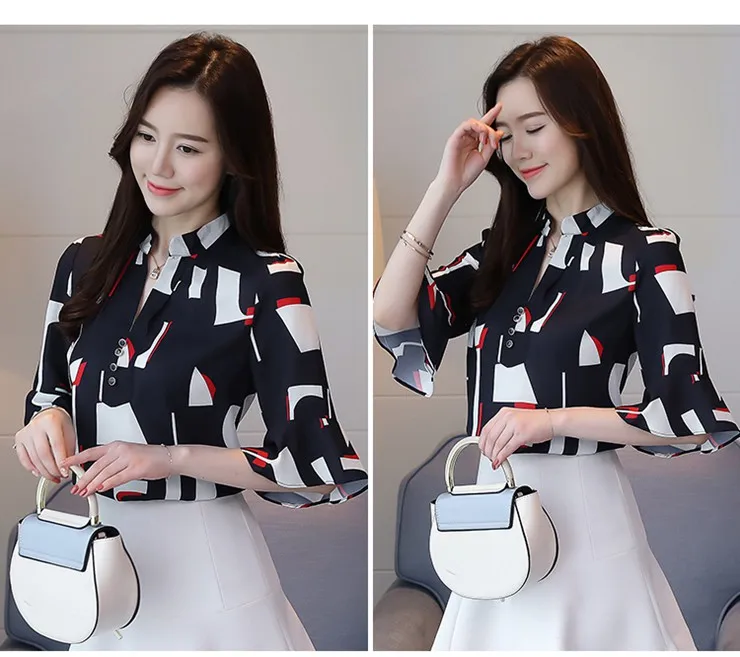 New Style Women Blouses Geometric Pattern Chiffon Blouses Shirts Female Short Sleeve Plus Size Tops Lady 2018 Print Blusa Feminina (5)