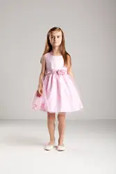 Сладкий розовый тюль Бисер в горошек трапециевидной формы короткие Платье для девочек с цветочным узором для свадьбы Bow Sash Первое