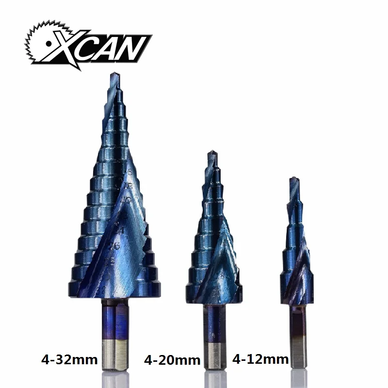 XCAN 3 шт 4-12/20/32mm высокопрочная сталь, спиральное Рифленое центр твердосплавные сверла бит P6M5 Супер Синий nano покрытие шаг конуса сверло