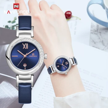 

New NAVIFORCE Women's Watches Ladies Diamond Fashion Blue Genuine Leather Band Watch Analog Female Quartz Wristwatch reloj mujer