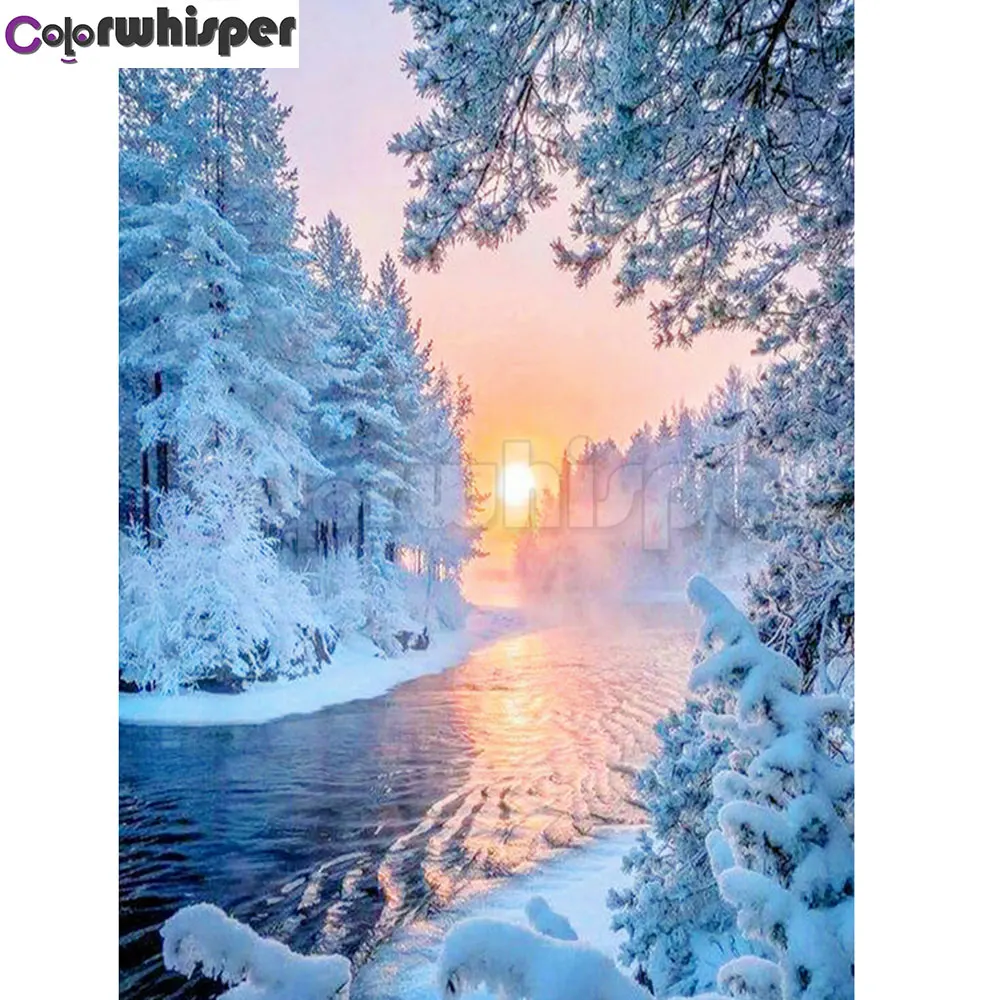 

Diamond Painting Full Square/Round Daimond Painting Sunset Snow River Snowfield Cedar Mosaic Rhinestone Embroidery Decor 309DP