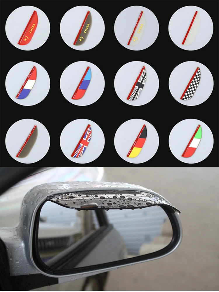 

2 pcs Car Rear View Mirror Sticker Rain Eyebrow Weatherstrip Auto Mirror Rain Shield Shade Cover Protector Guard national flag