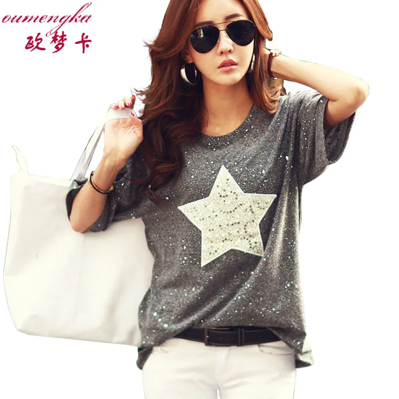 OUMENGKA nueva moda camiseta Mujer Tops manga corta cuello redondo algodón Camisetas estrella Polka Dot estampado verano strass Camisetas Mujer