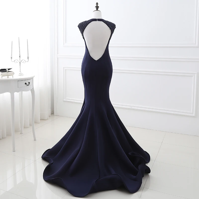 Sexy 2018 Evening Gown for Women V Neckline Open Back Mermaid Evening Dresses Long Blue Satin Beaded