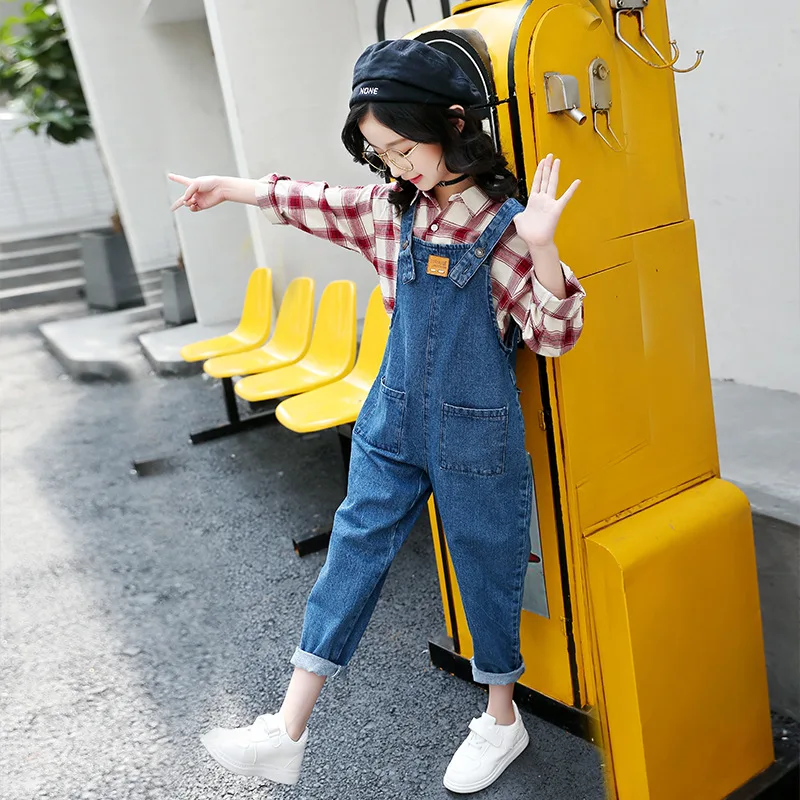 

Kids Clothes Girls Teenagers 5 6 7 8 9 10 11 12 13 Years Spring Children Clothes 2019 Long Sleeve Plaid Blouse + Overall Jeans