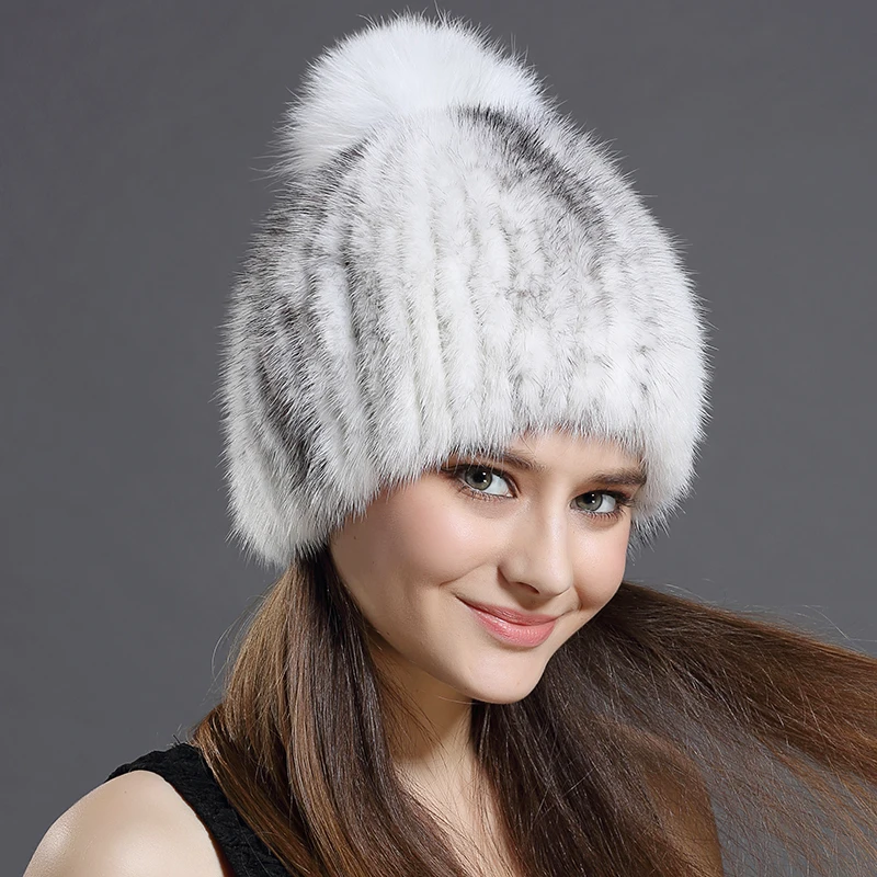 

Russia Winter Real Mink Fur Hat Women Fashion Knitted Fur Ball Caps Skullies&Beanies Warm Ear Protection Fox Fur Pompom Ball Hat