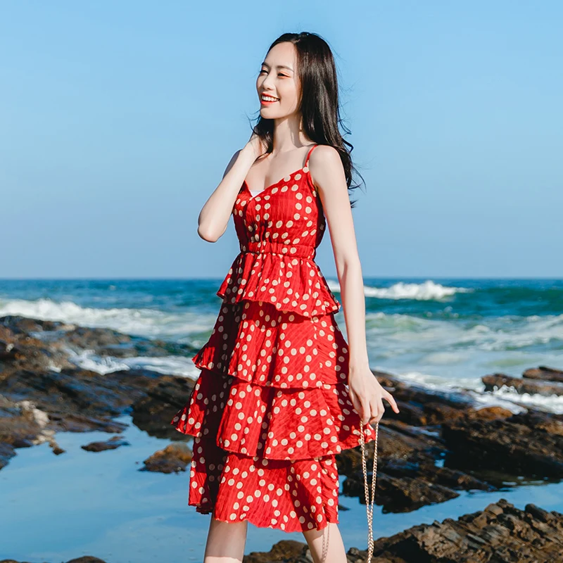 2019 Summer Sexy Hot Spaghetti Strap Women Dress Cascading Ruffle Elastic Polka Dot Print Backless Women Club Dress