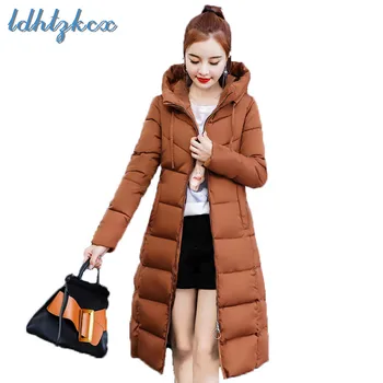 

2018 Winter New Long Parka Women Black Plus Size Loose Slim Coat Korean Office Thick Warmth Zipper Hooded Coats Feminina CX241