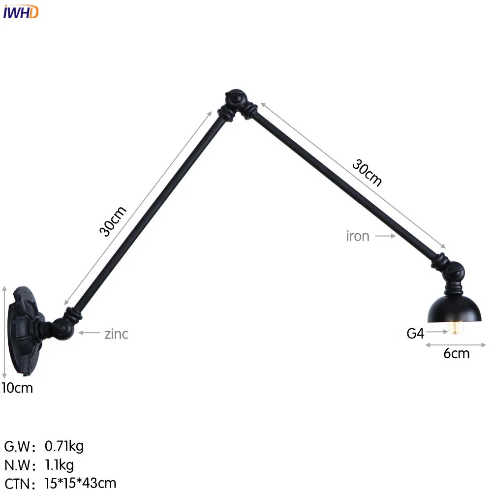 IWHD 3 длинные руки светодиодный настенный светильник s светильники регулируемые качели Лофт Промышленные винтажные настенные бра светильник Ретро лестничный светильник - Цвет абажура: Black