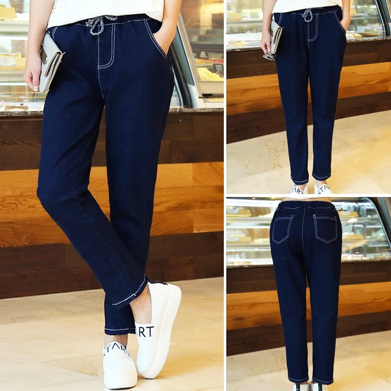 

The spring and summer of 2016 Korean Harajuku fat MM elastic waist loose thin size jeans pants female student leisure Haren
