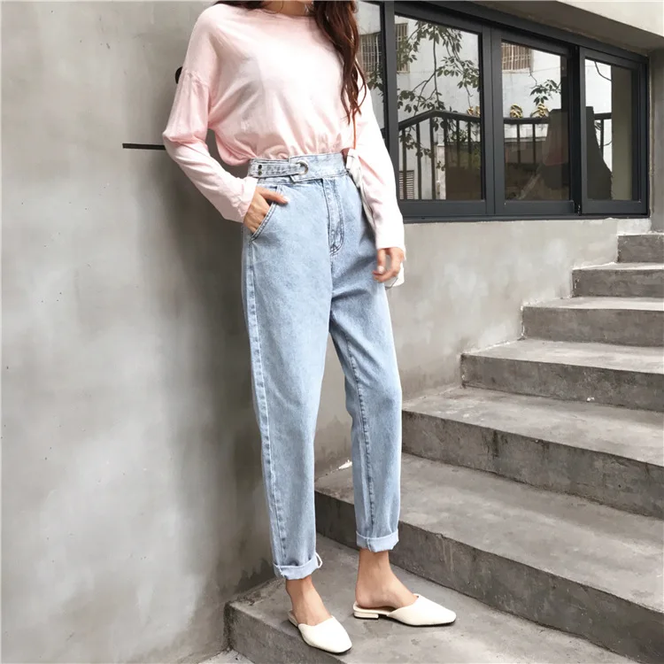 new hot sale women's spring summer loose high waist jeans pants ladies ankle-length harern pants S-L